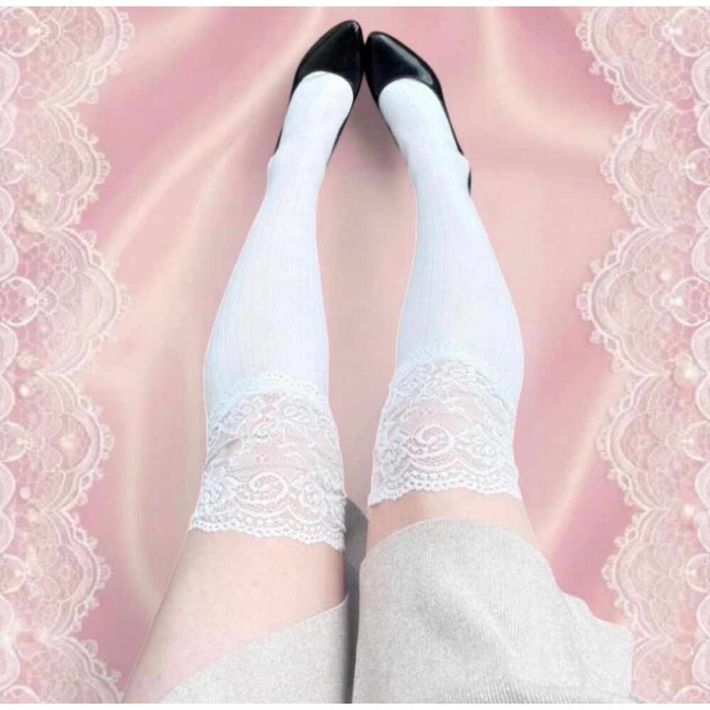 white lace over the knee stockings with accent lace socks tights